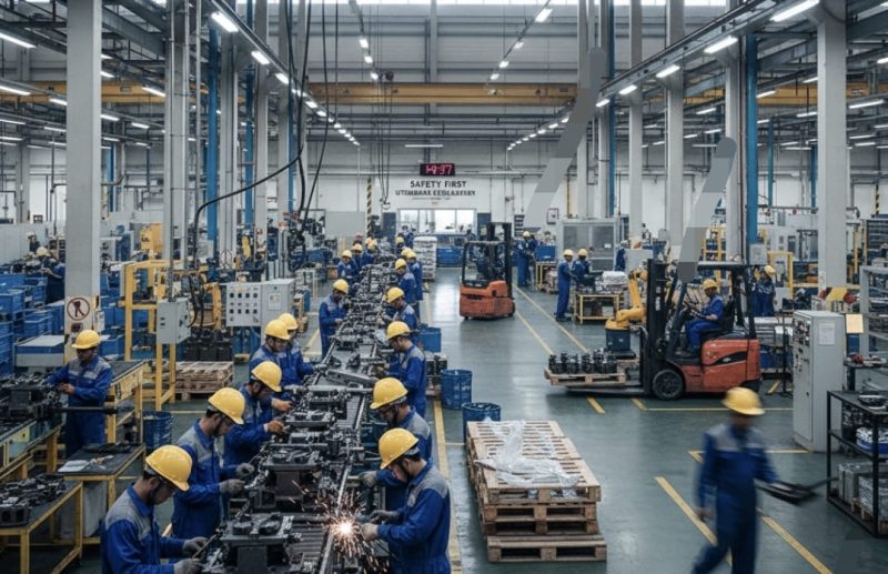 Ilustrasi suasana karyawan sedang bekerja di pabrik ( bolinggoNews.com / AI)