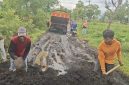 Masyarakat secara swadaya menutup kubangan lumpur di jalan